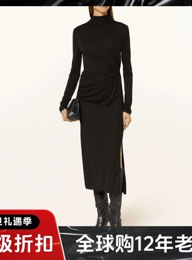 UNI CLOSET黑色长袖连衣裙包臀裙中长款通勤裙侧开衩扭结气质修身