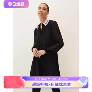 Phase Eight长袖连衣裙衬衫裙黑色雪纺拼色飘逸英伦淑女百搭显瘦