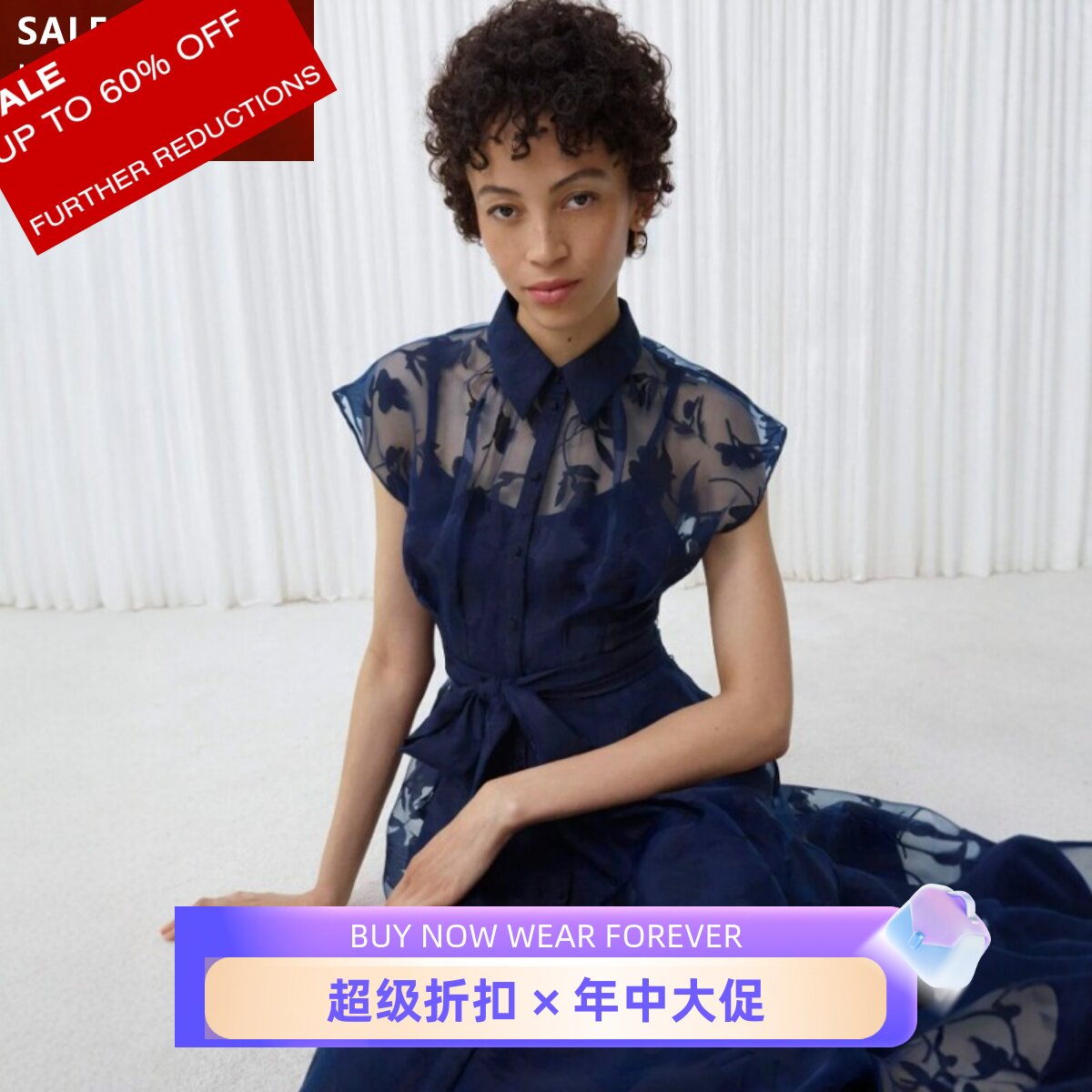 HOBBS藏蓝假两件连衣裙网纱裙系带A字纱网印花气质英伦显瘦百搭