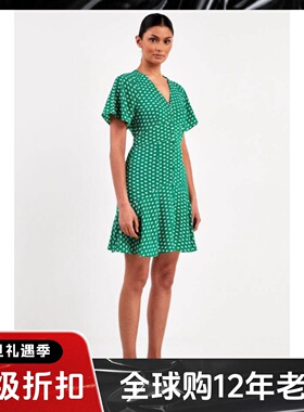 UNI CLOSET夏季新短袖连衣裙绿色波点大象V领清新淑女通勤百搭