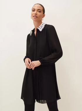 Phase Eight长袖连衣裙衬衫裙黑色雪纺拼色飘逸英伦淑女百搭显瘦