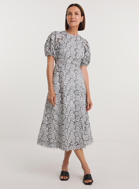 HOBBS短袖连衣裙中长A字高腰黑白修身蕾丝镂空优雅英伦气质显瘦