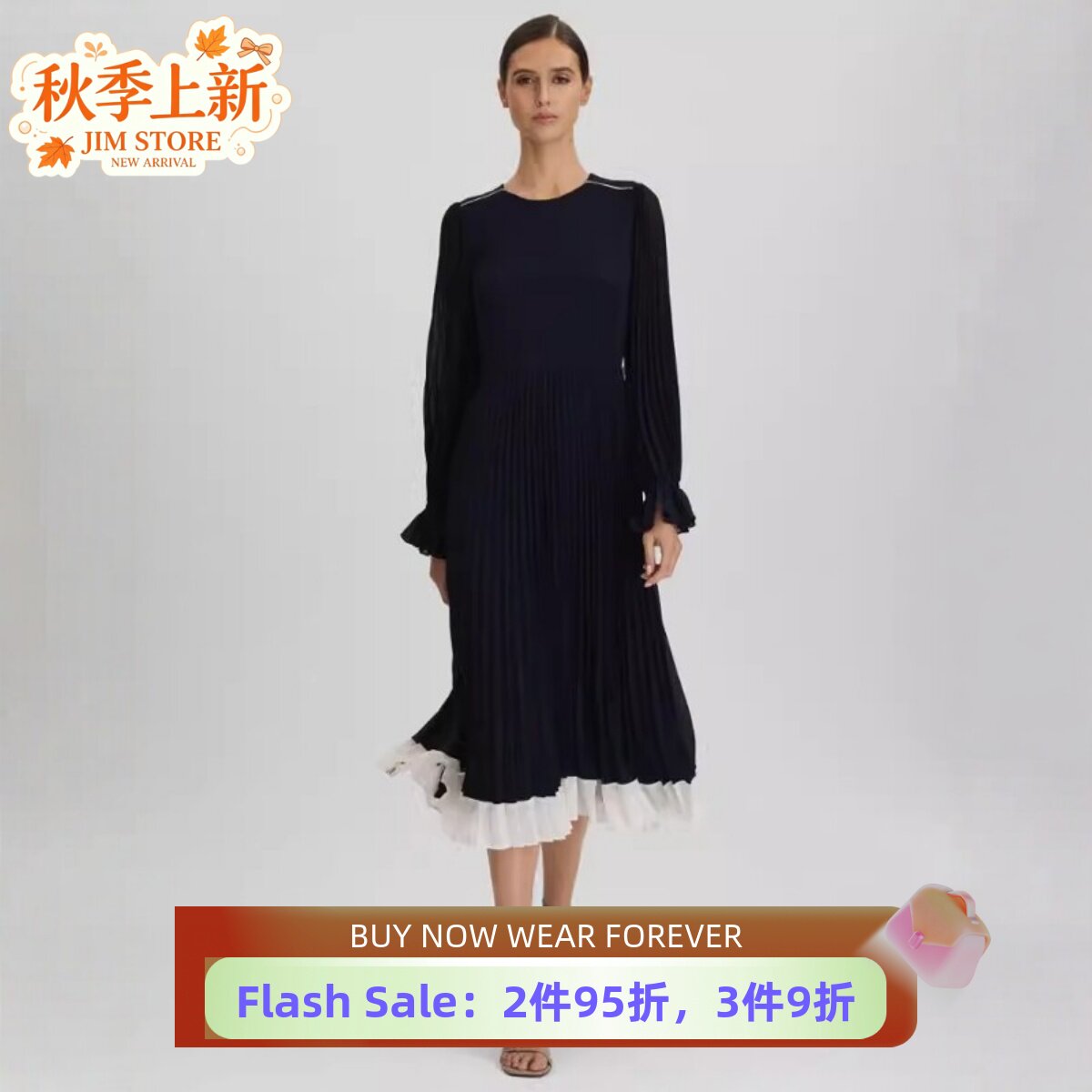 REISS藏蓝色长袖百褶连衣裙中长款高压修身简约气质休闲百搭显瘦