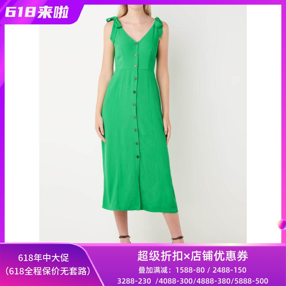 WHISTLES连衣裙无袖中长裙浅蓝A字蝴蝶结V领纽扣清新淑女优雅百搭