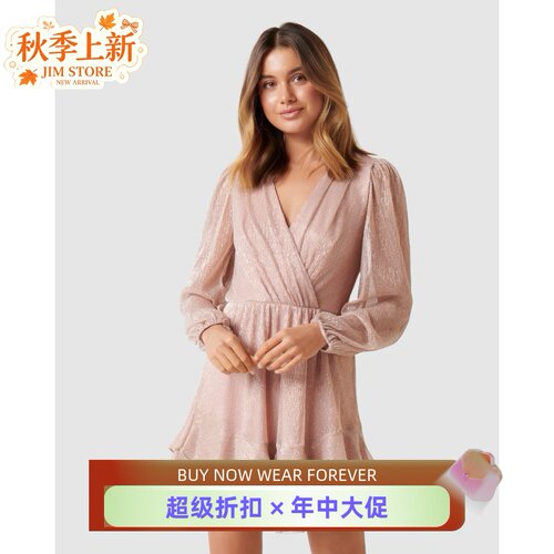 Phase Eight长袖连衣裙短裙V领裹腰淡粉色金属纤维优雅气质名媛风