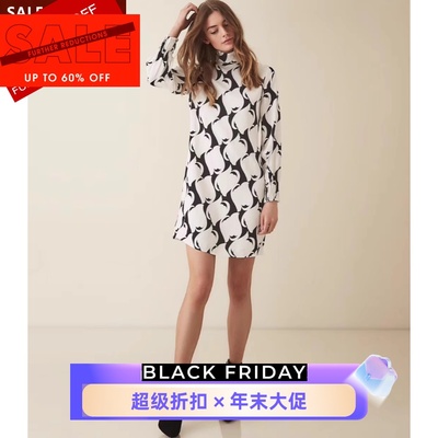 REISS长袖连衣裙黑白暗花大气