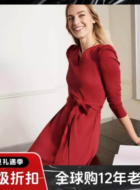 UNI CLOSET红色长袖连衣裙一步裙系带V领泡泡袖简约气质淑女优雅