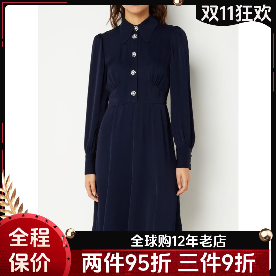 藏蓝长袖衬衫裙水晶纽扣装饰