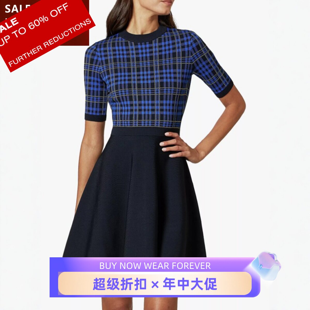 TED BAKER短袖A字裙茶歇裙高腰拼色假两件蓝色格子印花英伦百搭