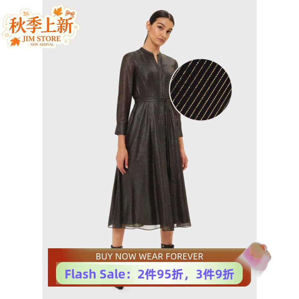 HOBBS长袖连一起衬衫裙中长黑色金属竖条纹系带修身通勤气质英伦