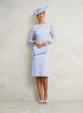 HOBBS浅蓝长袖重工蕾丝连衣裙包臀中长款网纱袖高腰修身优雅气质