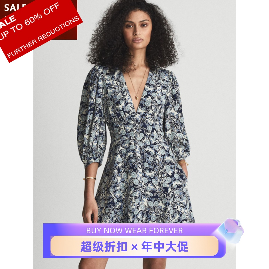 REISS蓝色碎花七分袖复古英伦