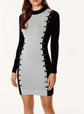 Phase Eight灰黑拼色长袖包臀连衣裙短裙弹力修身气质英伦显瘦