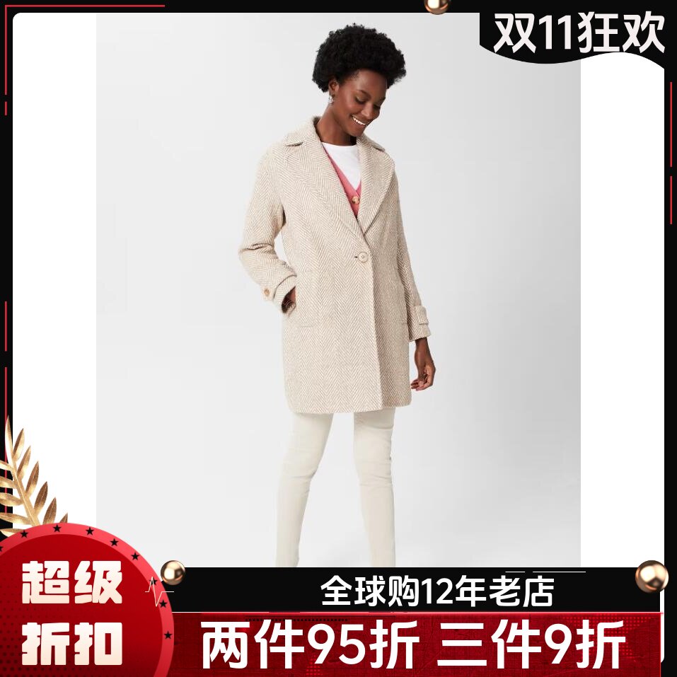 HOBBS浅驼一粒扣西服领羊毛大衣