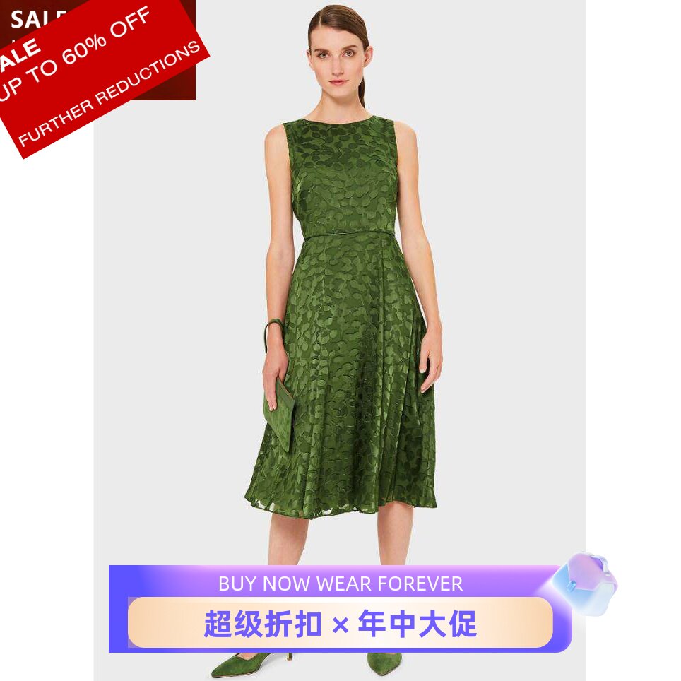 HOBBS连衣裙无袖A字绿色叶子印花暗花修身优雅复古英伦气质百搭