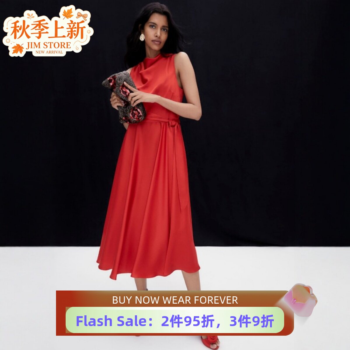 Phase Eight红色断面礼服裙度假裙连衣裙长裙系带大摆堆堆领优雅