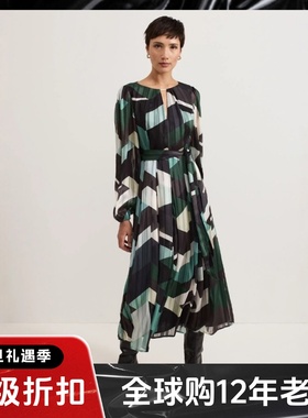 Phase Eight长袖连衣裙中长绿色抽象印花系带优雅英伦风气质显瘦