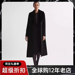 REISS女黑色羊毛毛呢大衣外套长款翻毛领系带纯色优雅通勤百搭OL