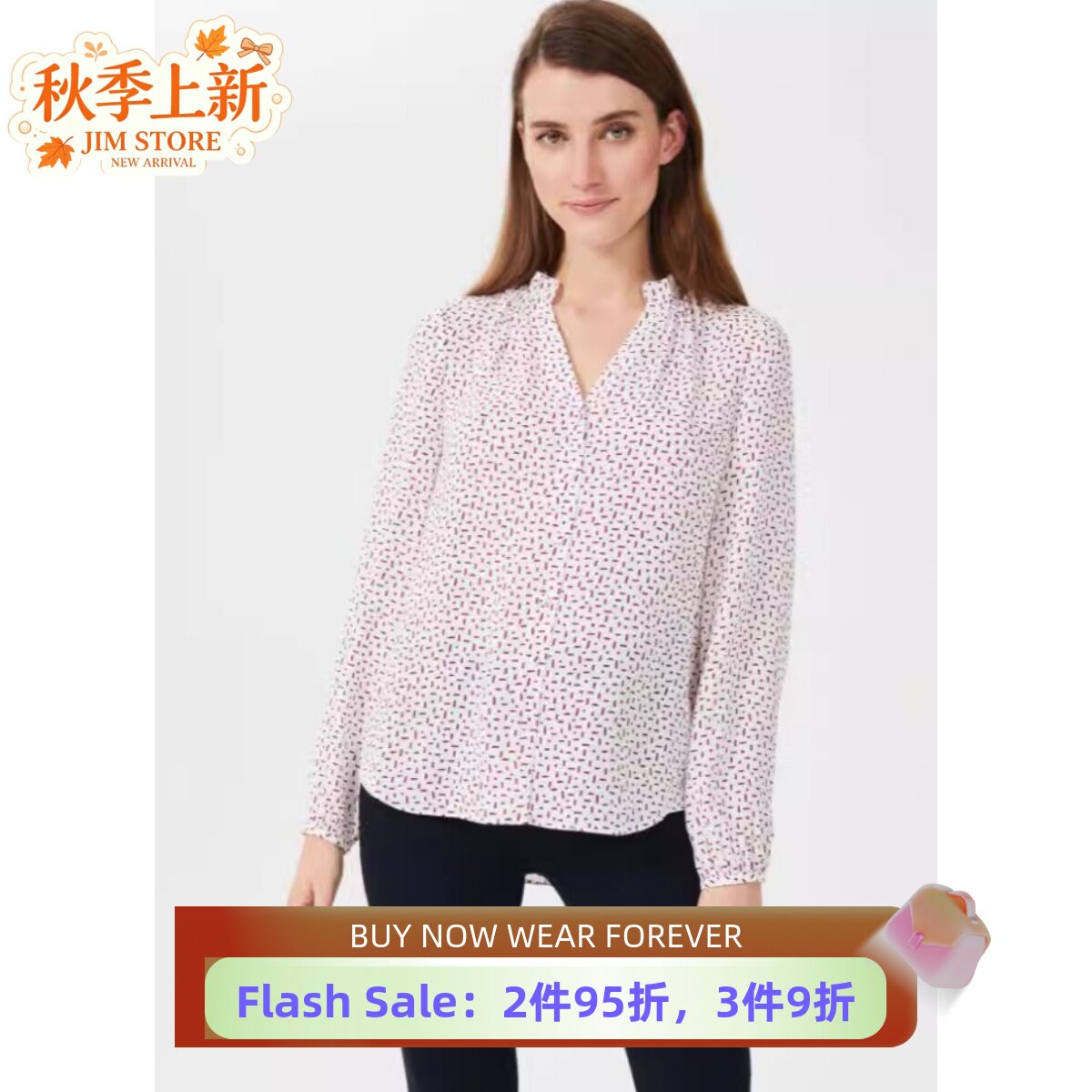 HOBBS长袖衬衫衬衣白色波点V领宽松雪纺休闲淑女通勤百搭