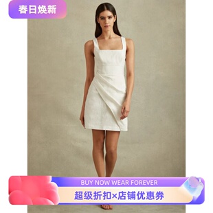 REISS白色亚麻连衣裙吊带方领短款包臀褶皱设计高腰修身淑女百搭