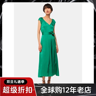 WHISTLES连衣裙短袖绿色中长系带缎面高腰修身气质英伦淑女名媛风