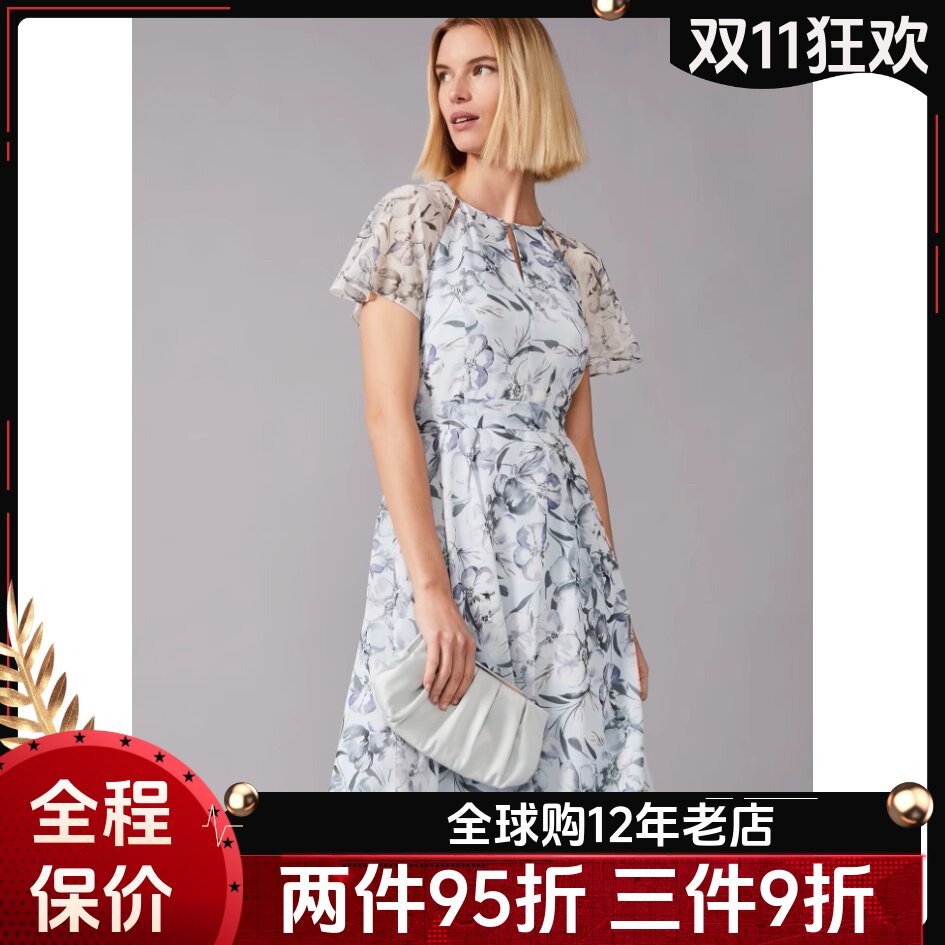 Phase Eight短袖雪纺连衣裙浅蓝碎花系带清新淑女飘逸百搭优雅