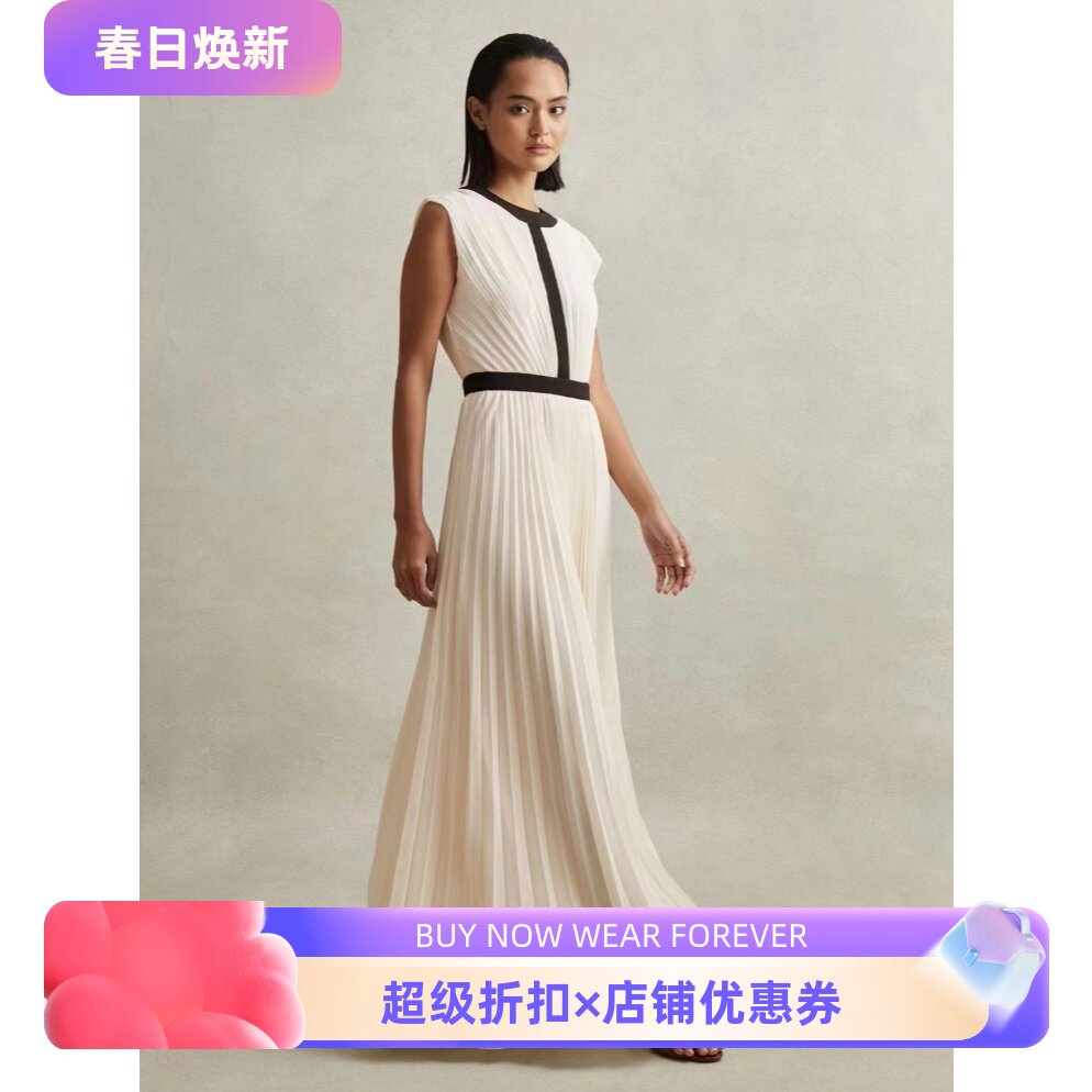 REISS连衣裙度假裙礼服裙百褶长裙白色露背高腰优雅名媛英伦风
