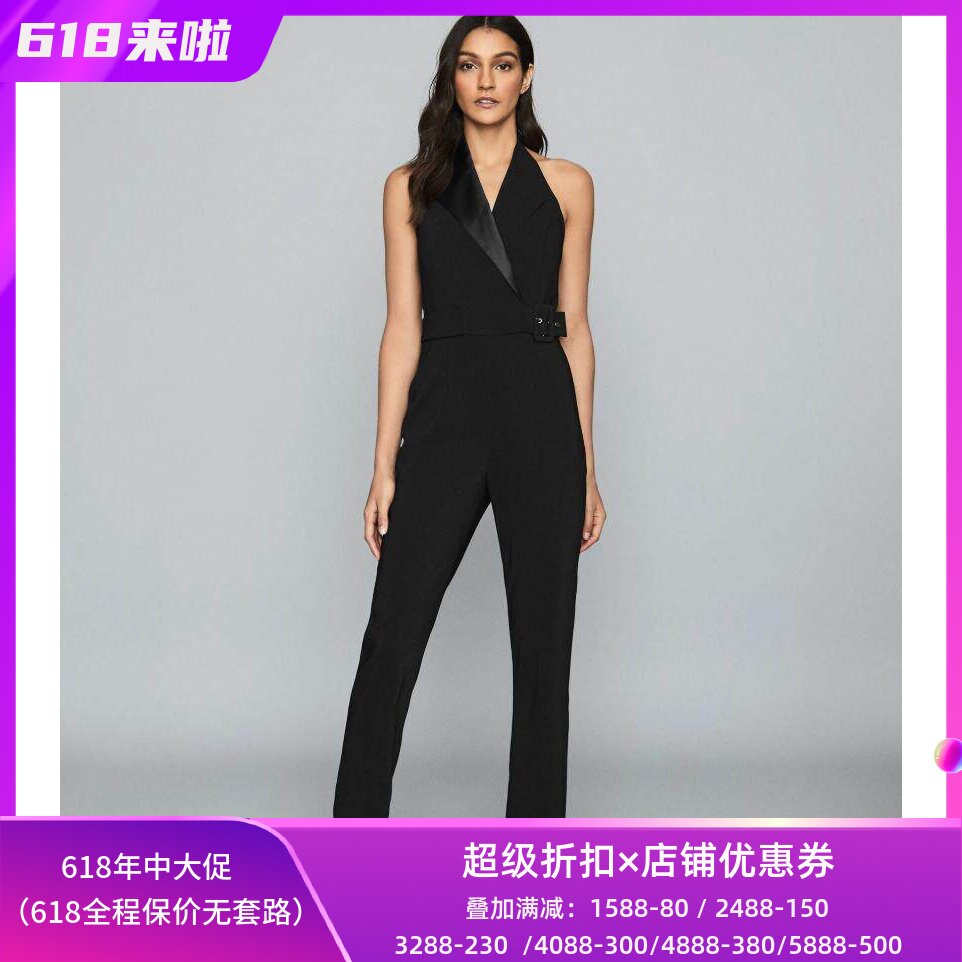 REISS夏季新连体裤连衣裤无袖西服领长裤直筒黑色束腰干练通勤OL
