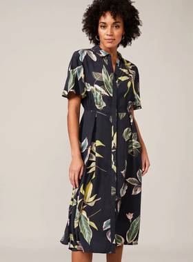 Phase Eight短袖印花衬衫裙连衣裙中长款炭黑碎花英伦气质显瘦