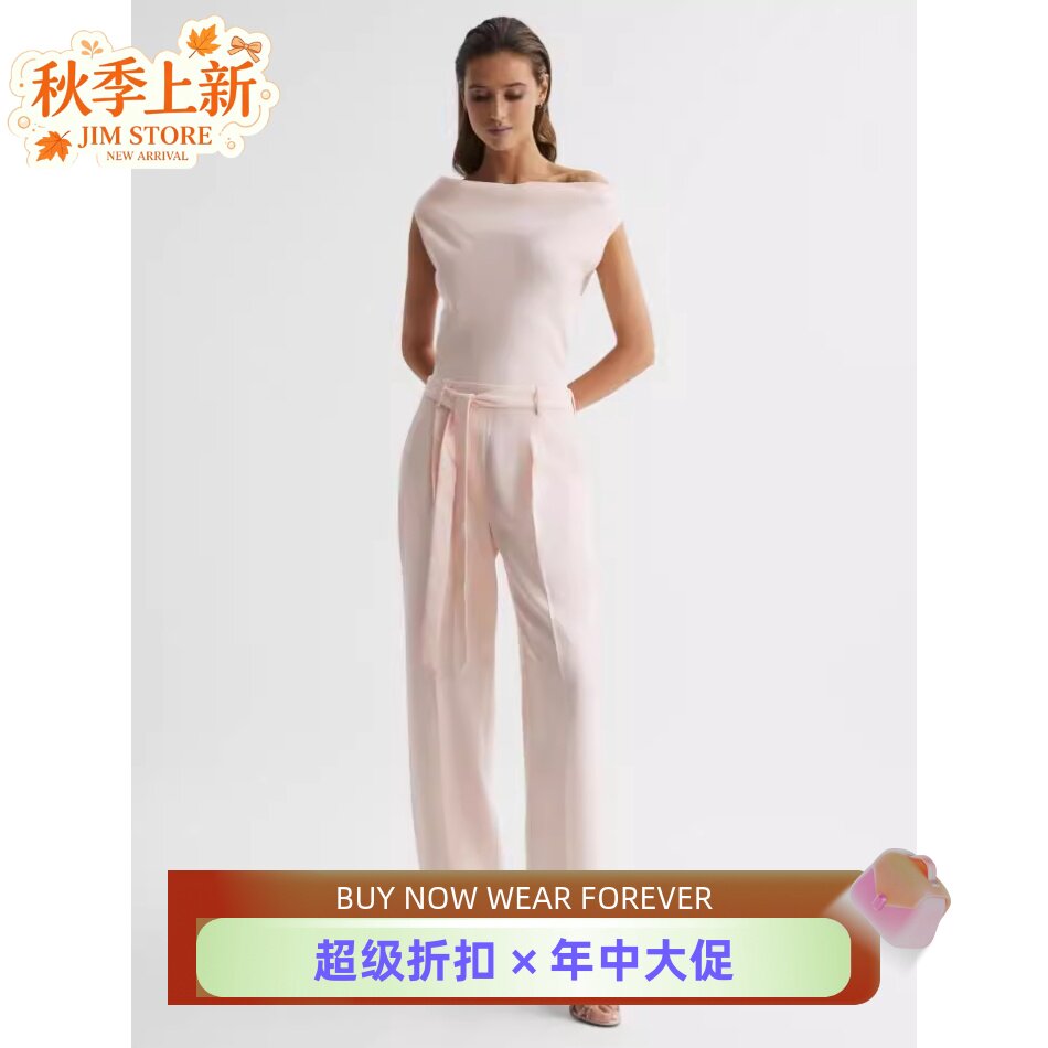 REISS连体裤连衣裤一字领短袖长裤假两件裸粉色系带气质淑女通勤