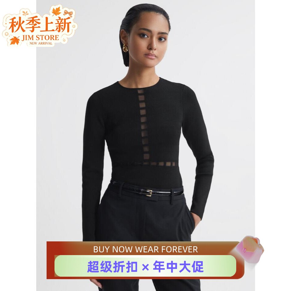 REISS黑色纱网拼接针织上衣通勤