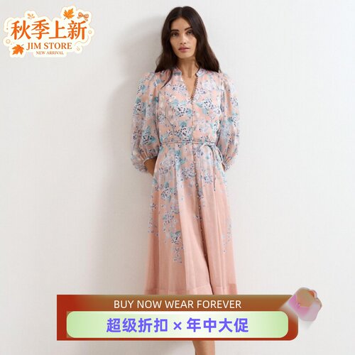 Phase Eight半袖淡粉连衣裙亚麻混纺中长款碎花系带优雅大气度假