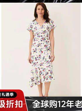 Phase Eight短袖连衣裙白色对话印花中长一步裙系带修身清新淑女