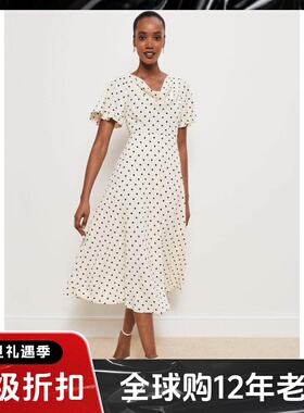 HOBBS连衣裙短袖波点堆堆领白色中长款高腰修身优雅淑女清新百搭