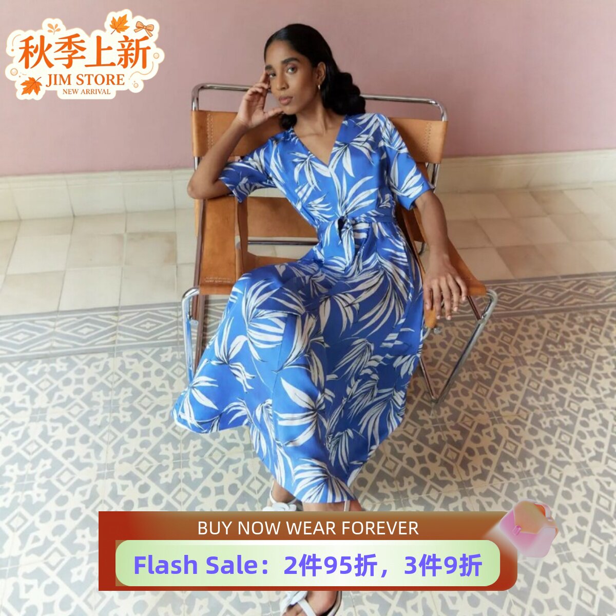 HOBBS短袖连衣裙中长系带印花浅蓝色休闲气质度假百搭舒适