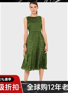HOBBS连衣裙无袖A字绿色叶子印花暗花修身优雅复古英伦气质百搭