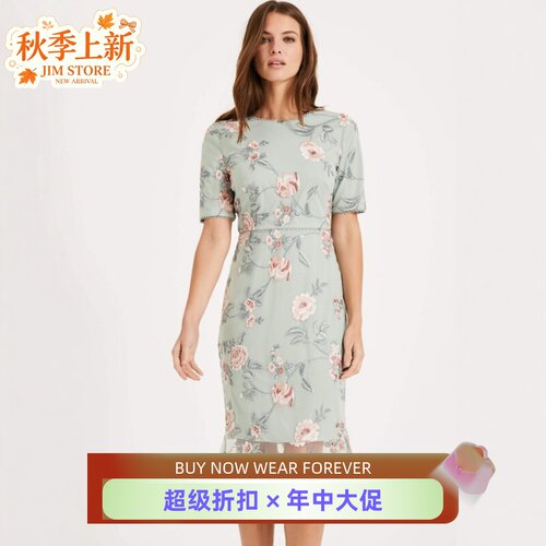 Phase Eight短袖连衣裙包臀裙浅蓝刺绣纱网拼接露背高腰修身优雅