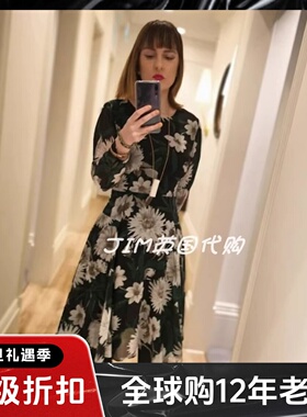 HOBBS新款七分袖连衣裙白色印花A字气质英伦优雅淑女通勤百搭名媛