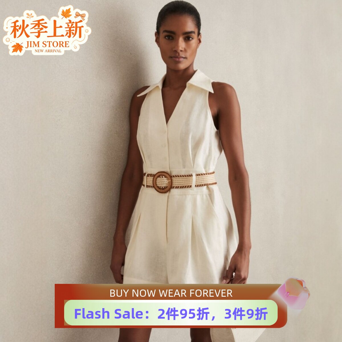 REISS乳白亚麻连体裤短裤无袖衬衫领配腰带纯色简约气质干练通勤