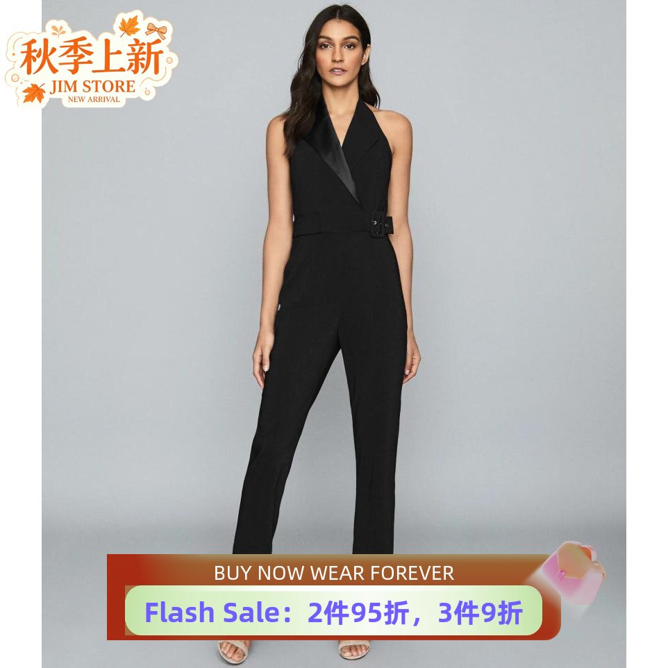 REISS夏季新连体裤连衣裤无袖西服领长裤直筒黑色束腰干练通勤OL