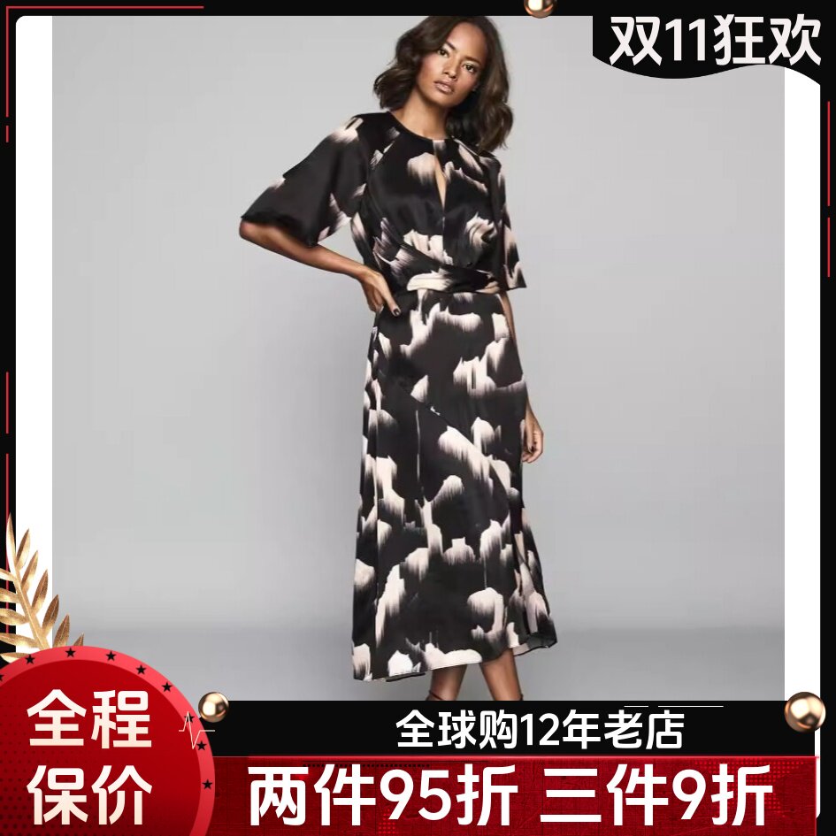 REISS短袖连衣裙休闲度假裙中长黑色印花微露背裹腰优雅英伦气质