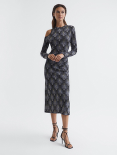 REISS长袖连衣裙礼服裙中长款露肩露背扇形印花气质英伦优雅大气