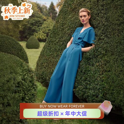 Phase Eight飞飞袖青蓝色连体裤连体衣阔腿长裤裹腰系带优雅气质
