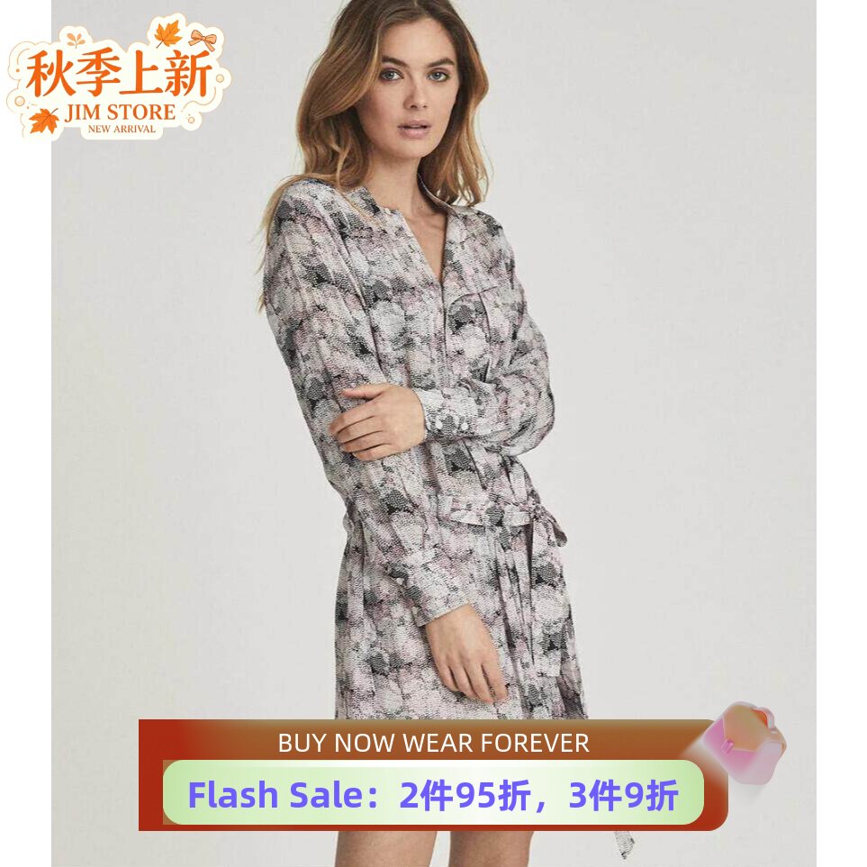 REISS长袖连衣裙衬衫裙一步裙束腰粉色印花优雅气质通勤OL百搭