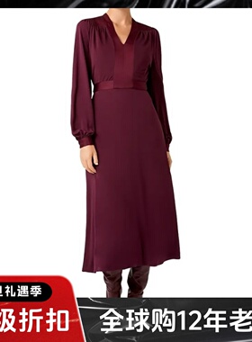 HOBBS酒红长袖连衣裙中长纯色系带V领简约气质优雅百搭英伦风