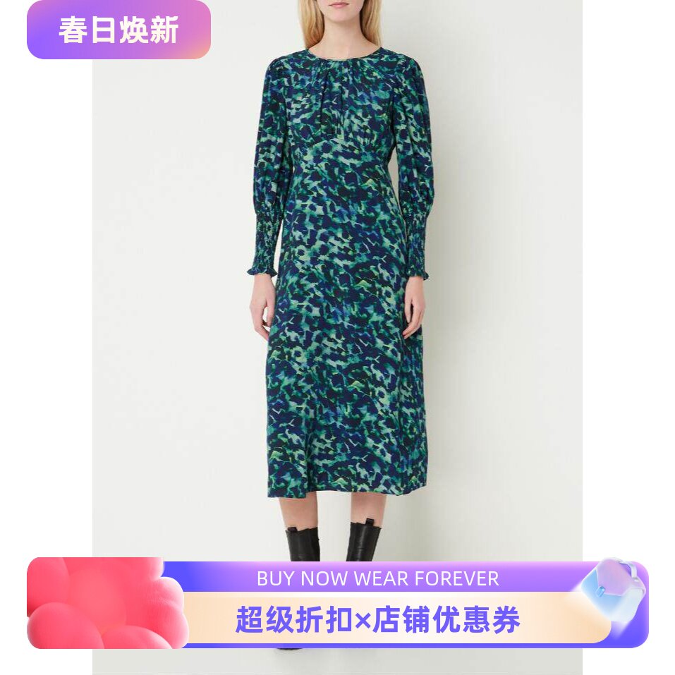 WHISTLES长袖连衣裙中长裙青蓝色水墨抽象印花修身气质英伦显瘦