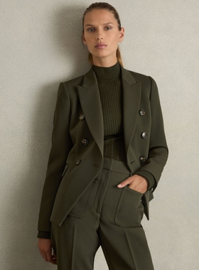 REISS双排扣西服西装墨绿色短款修身戗驳领设计感通勤OL百搭气质