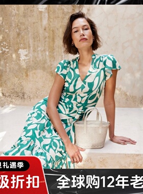 HOBBS短袖连衣裙休闲度假中长款A字绿色印花系带cap袖V领舒适百搭