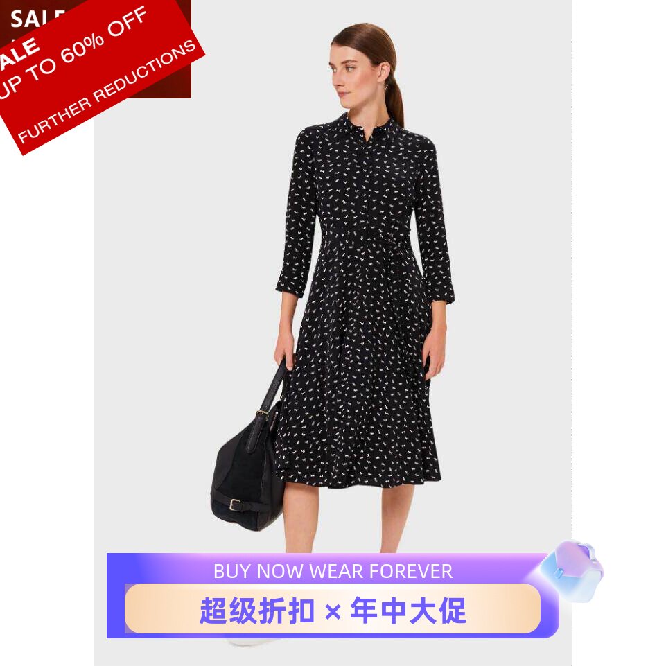 HOBBS长袖连衣裙衬衫裙中长藏蓝小狗印花系带修身气质英伦通勤OL