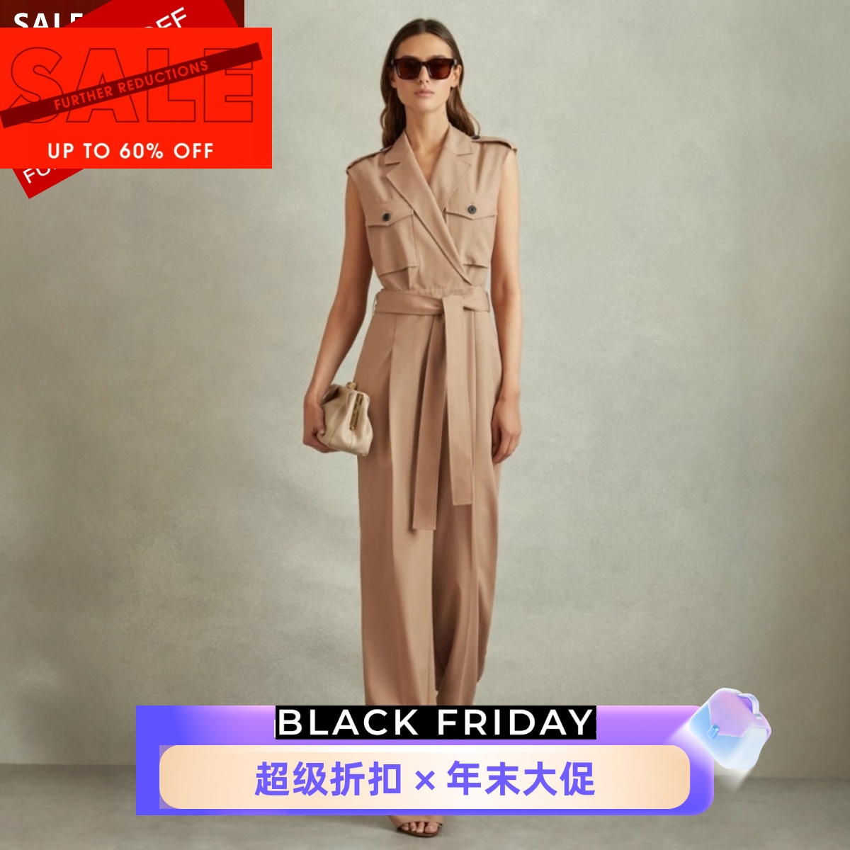 REISS连体裤连衣裤西服领直筒长裤系带石黄卡其色通勤干练百搭